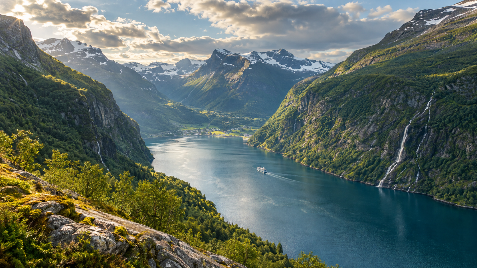 Geirangerfjord beneath Nordic summer skies