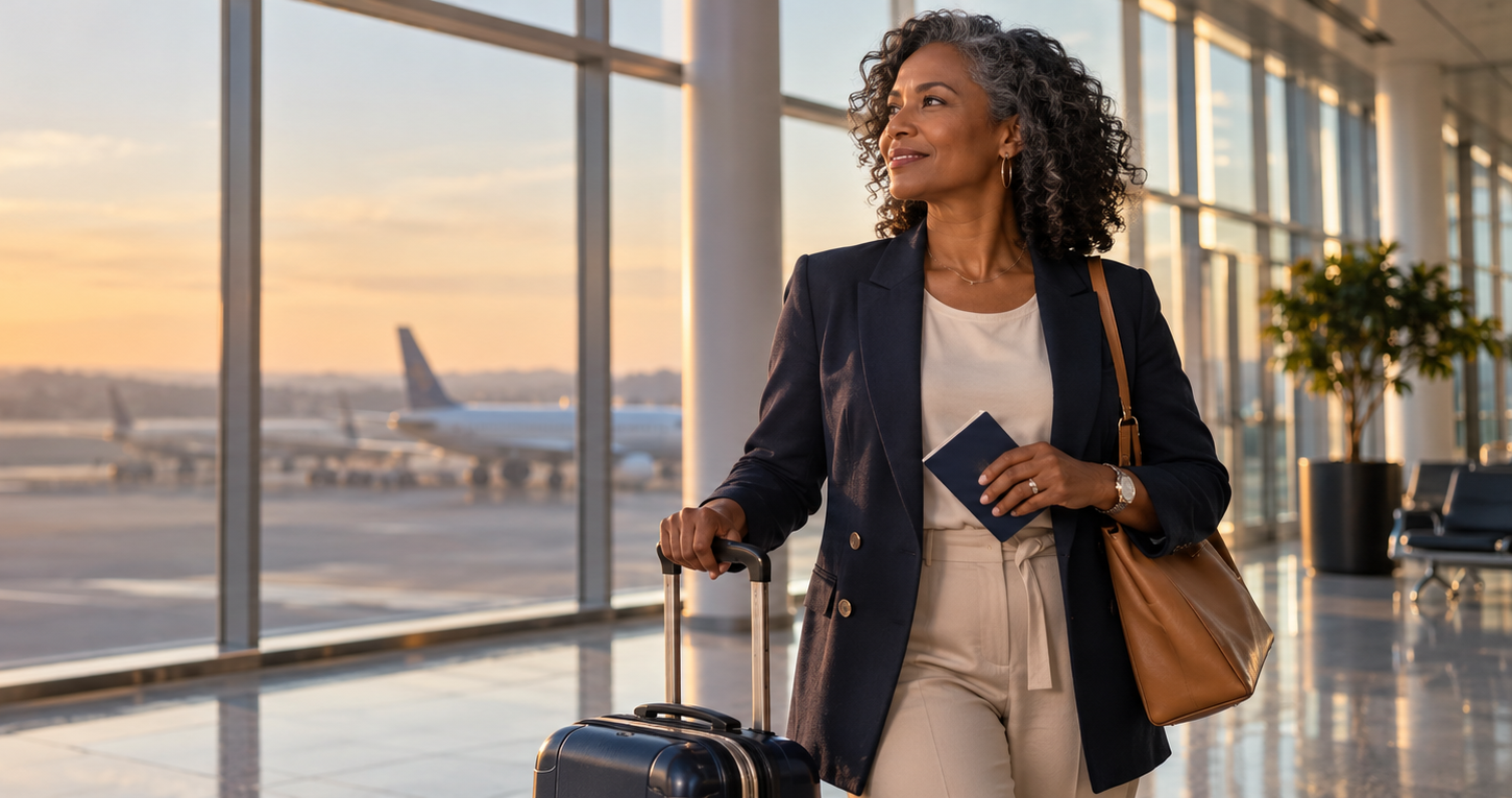 women in airport with passport