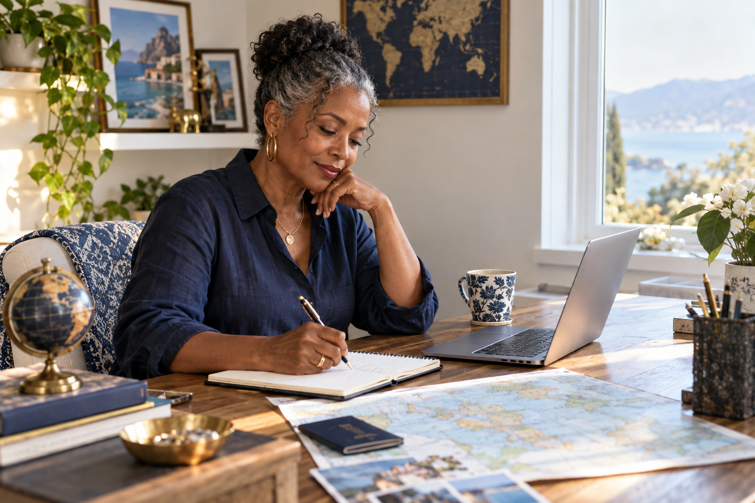 Women sitting at desk planning trip
