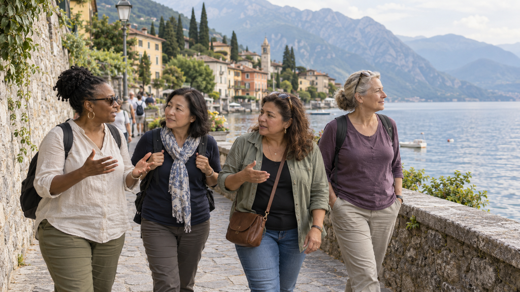 Women strolling Lake Como together